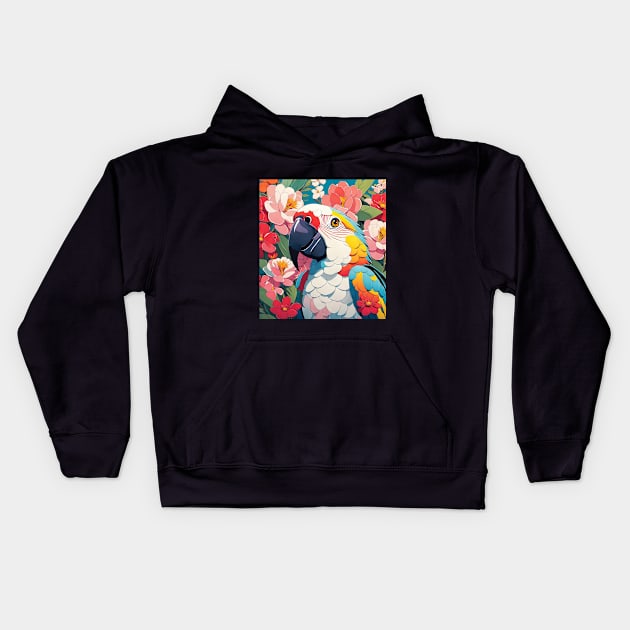 Parrot's Garden Melody, colorful macaw Kids Hoodie by Sieve's Weave's